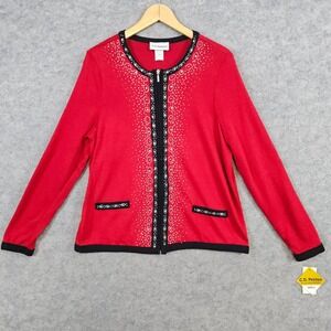 CD Petites Red Zip Cardigan Sweater Size PS Embellished Knit Womens Holidays NEW
